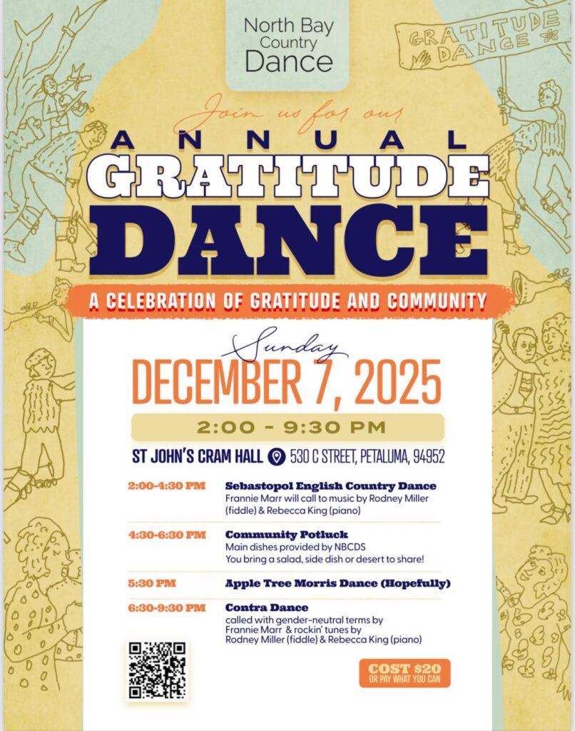 Poster promoting the 2025 Gratitude Dance on Sat, Dec 7 in Petaluma