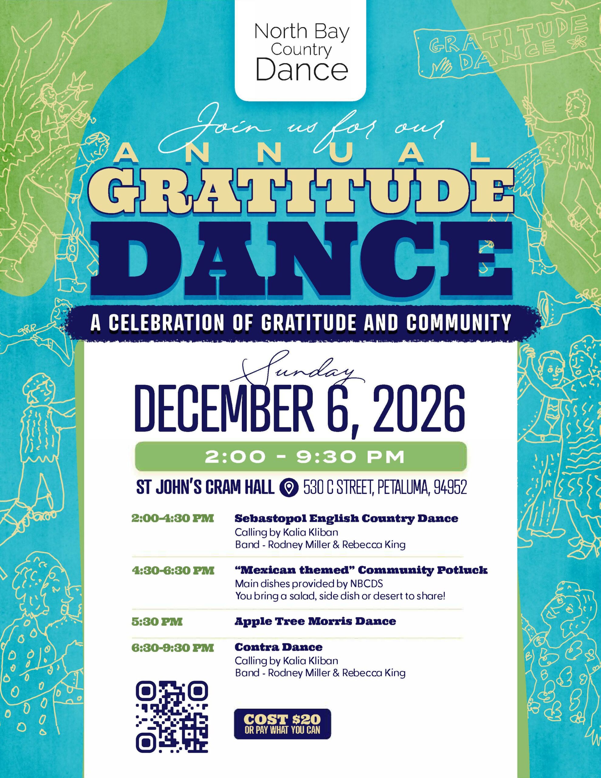 Poster promoting the 2026 Gratitude Dance on Sat, Dec 6 in Petaluma. 2-9:30 pm. 530 C Street, Petaluma.